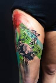 leg watercolor style wolf head tattoo pattern
