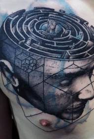 tatuaż piersiowy w stylu surrealistycznym w kolorze labiryntu głowy
