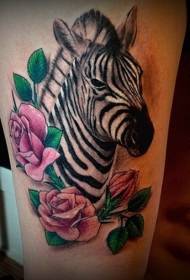 thigh colored Zebra head and pink rose tattoo pattern