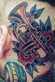 Head color old style style big trumpet and flower tattoo