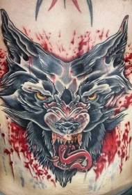 abdominal old-fashioned color bloody wolf head tattoo pattern