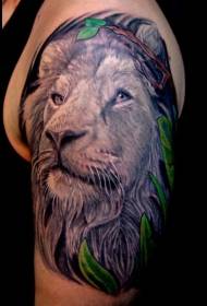 shoulder color realistic lion head with jungle tattoo
