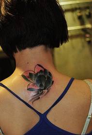 woman back personality color lotus tattoo picture
