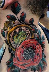 neck pocket watch rose tattoo pattern