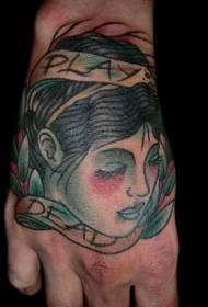 hand back color vintage simple woman head tattoo pattern