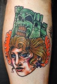Leg new school style color woman with castle tattoo