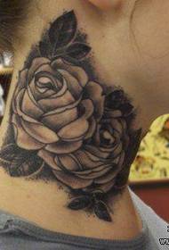 girl Beautiful black gray rose tattoo pattern on the neck