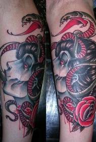 leg color bloody Medusa Head and snake tattoo
