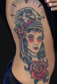 waist side color gypsy girl and rose tattoo pattern