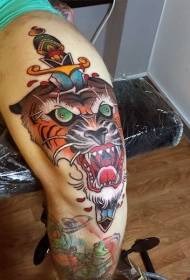 legged old genre color tiger head and sword tattoo pattern