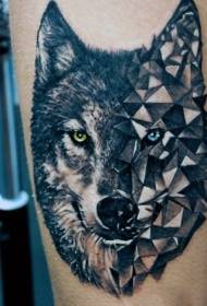 leg semi-real half stone wolf head tattoo pattern