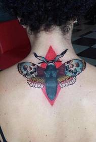 woman neck color skull moth tattoo work