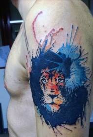male shoulder watercolor lion head tattoo pattern