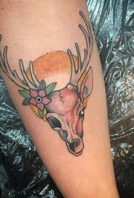 arm beautiful color deer head flower tattoo pattern
