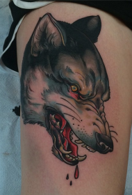 leg new school style colored bloody wolf head tattoo