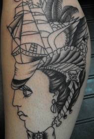 pirate ship tattoo on the head of the black woman on the leg