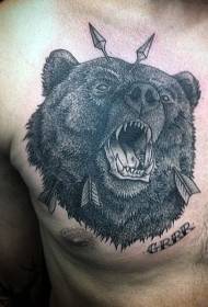 chest black roaring bear head letter tattoo pattern