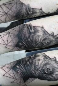 arm realistic rhinoceros head combined with geometric tattoo tattoo pattern