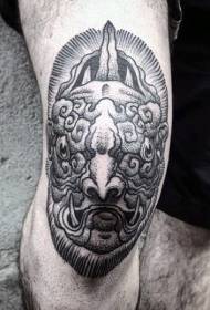 knee engraving style Black pricked demon head tattoo pattern