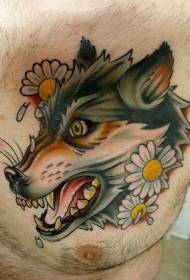 old school color cartoon wolf head and chrysanthemum chest tattoo pattern