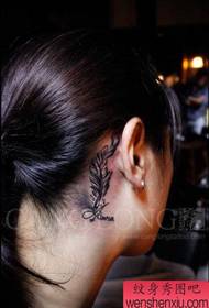 girls ear beautiful black and white feather tattoo pattern
