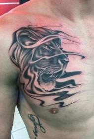 chest black gray cartoon lion head tattoo pattern