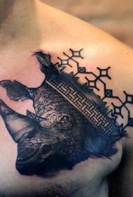 unique black rhinoceros head with medieval architectural chest tattoo pattern