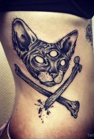 side Ribbed engraving style black cat head and bone tattoo pattern
