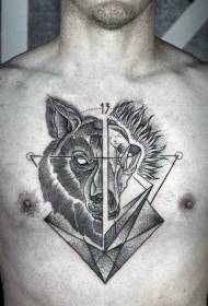 grabado estilo cofre cabeza de lobo negro con patrón de tatuaje geométrico