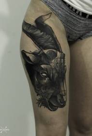 thigh carving style black goat head tattoo pattern