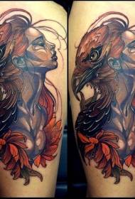 funny color woman portrait with eagle head tattoo pattern