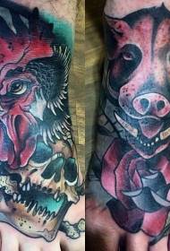 instep cock head with wild boar and skull tattoo pattern