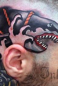 head new school colored evil shark and rope tattoo pattern