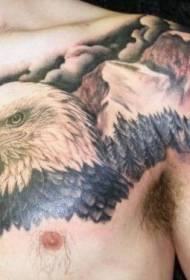 Modeli i tatuazheve me kokë shqiponje me kokë shqiponje dhe mali