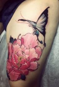 thigh peony flower and butterfly painted tattoo pattern