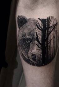 arm-stab style dark forest and bear head tattoo pattern