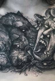 Medusa pieptului răului cu model de tatuaj lup cu trei capete