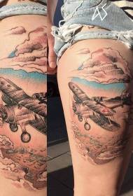 thigh painted on the cloud of the aircraft creative tattoo pattern