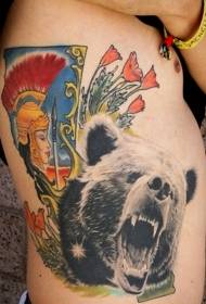 side rib black gray Realistic bear head tattoo pattern