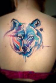 back cool wolf head watercolor style with ECG tattoo pattern