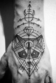 mysterious black geometric raccoon on the back of the hand Head tattoo pattern