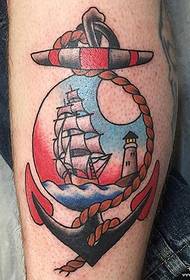 calf painted anchor sailing European and American lighthouse tattoo pattern