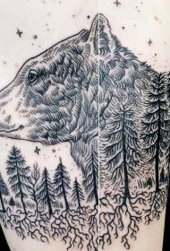 black line bear head and forest tattoo pattern