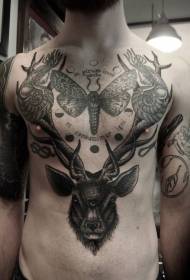 chest and belly gorgeous black deer head with butterfly snail tattoo pattern