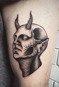 mysterious engraving style black devil head thigh tattoo pattern
