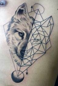 kepala serigala dada ireng kanthi pola tato geometri