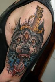 Big Arm Dagger Piercing Wolf Head Tattoo Patroon