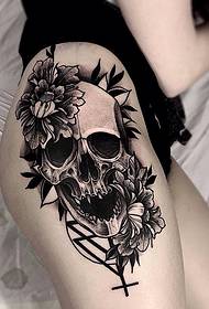 thigh sexy skull prick flower geometric tattoo pattern