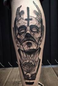 calf surreal style demon man head tattoo pattern