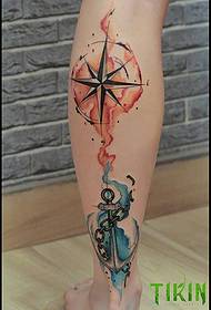 calf compass anchor splash ink color tattoo pattern